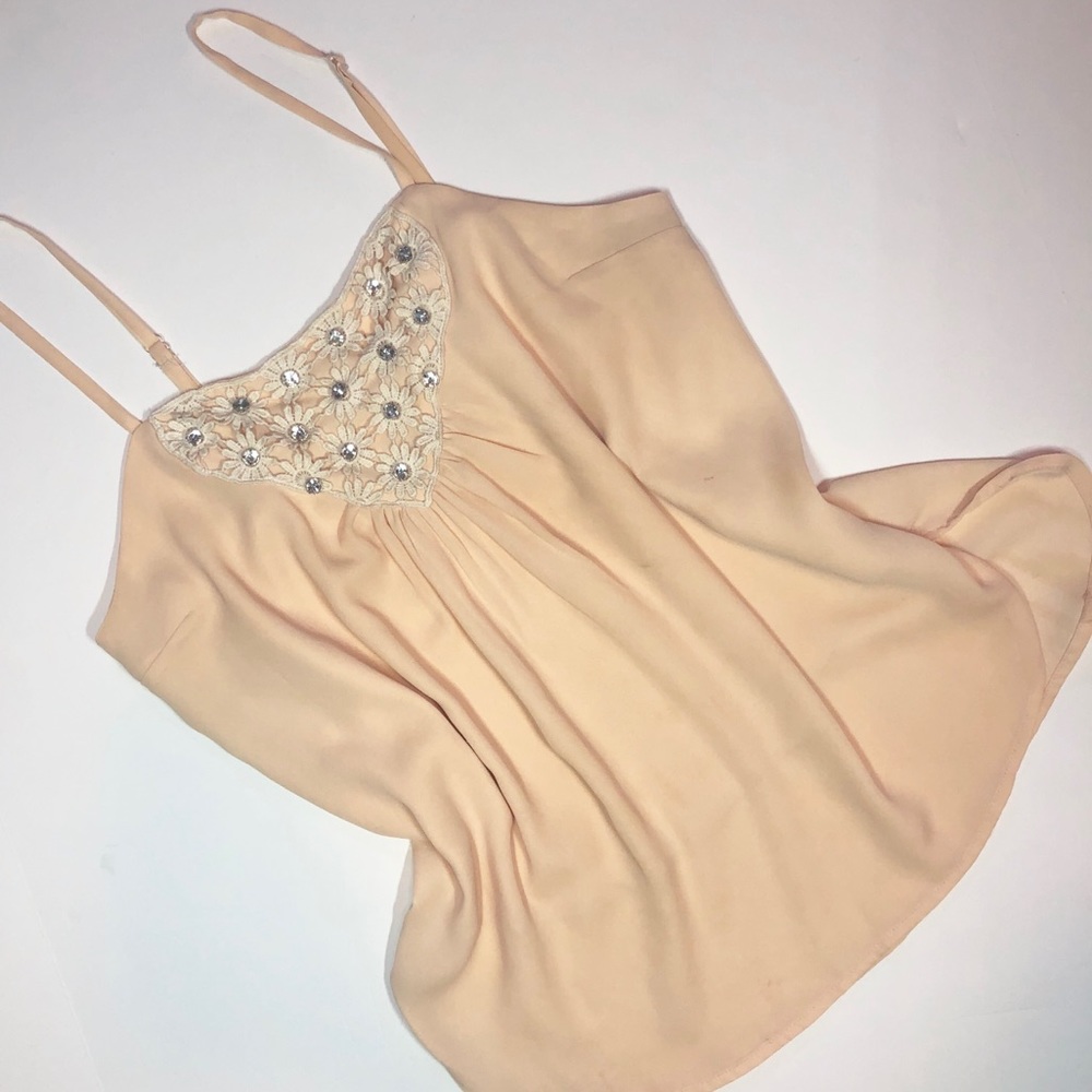 Flowy tank top with crochet and rhinestone design